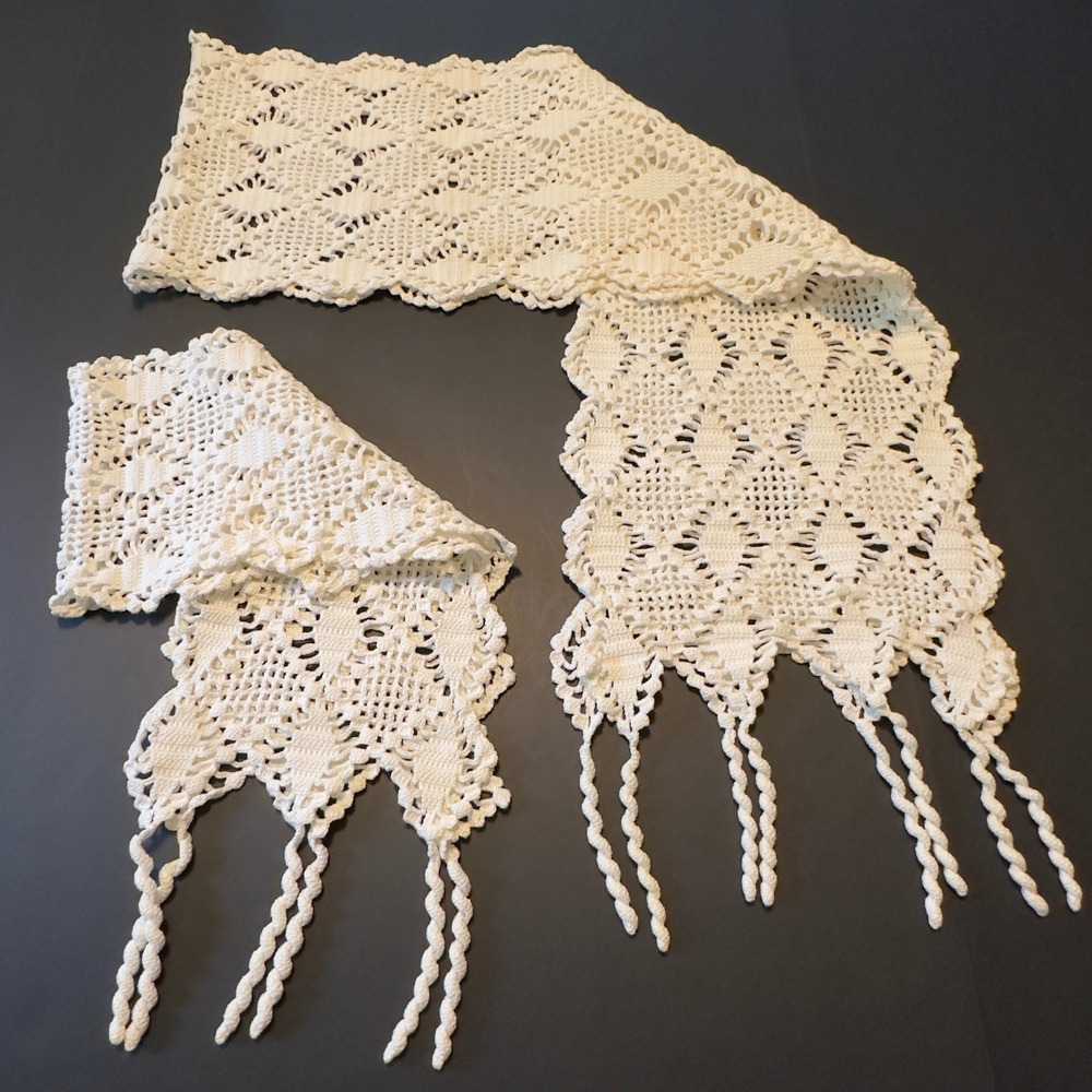 Handmade Crochet Table Runner Lot 2 Ivory Diamond Knit Tassel Vintage Cottage